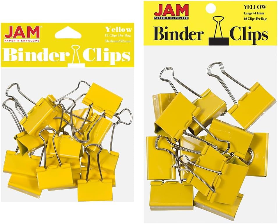JAM PAPER Colorful Binder Clips Assortment - Medium & Large Size - Yellow Binderclips - 27 Clips/Pack