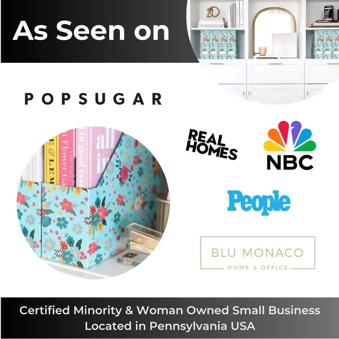 BLU MONACO Floral Magazine Holder, Set of 4 Foldable Magazine File Boxes, Aqua Floral Pattern with Gold Label Holder, Vertical Desk Organizer and Binder Holder
