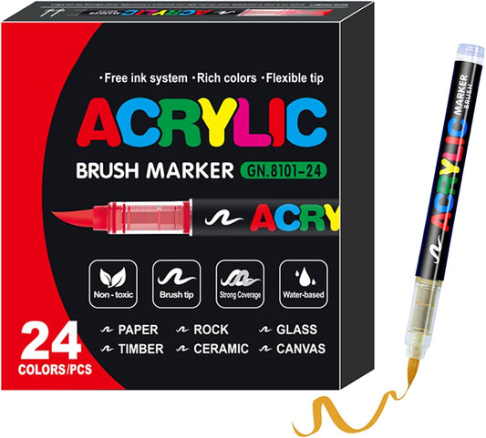 24 Color Paint Pens, Soft Brush Tip Acrylic Paint Markers, Quick-Drying Waterproof Markers for Canvas, Rock, Wood, Stone, Glass, Ceramic, Fabric Painting, DIY Crafts