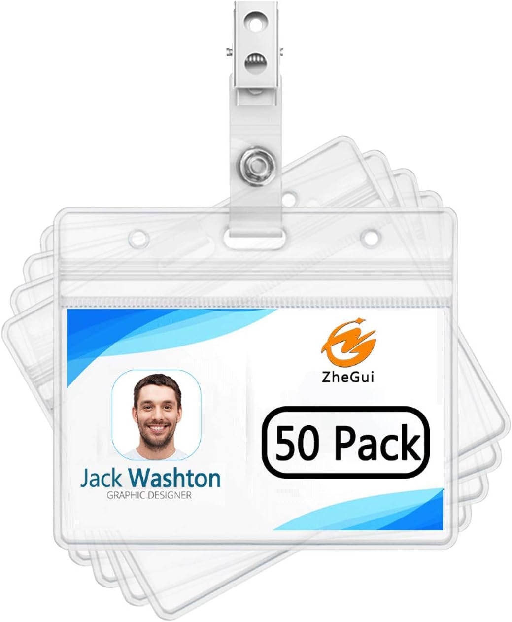 ID Badge Holder with Clip Clear Plastic Name Tag Holders Horizontal Ziplock Waterproof PVC ID Card Holder with Clip Straps(50 Pack, Horizontal 2.3X3.5)