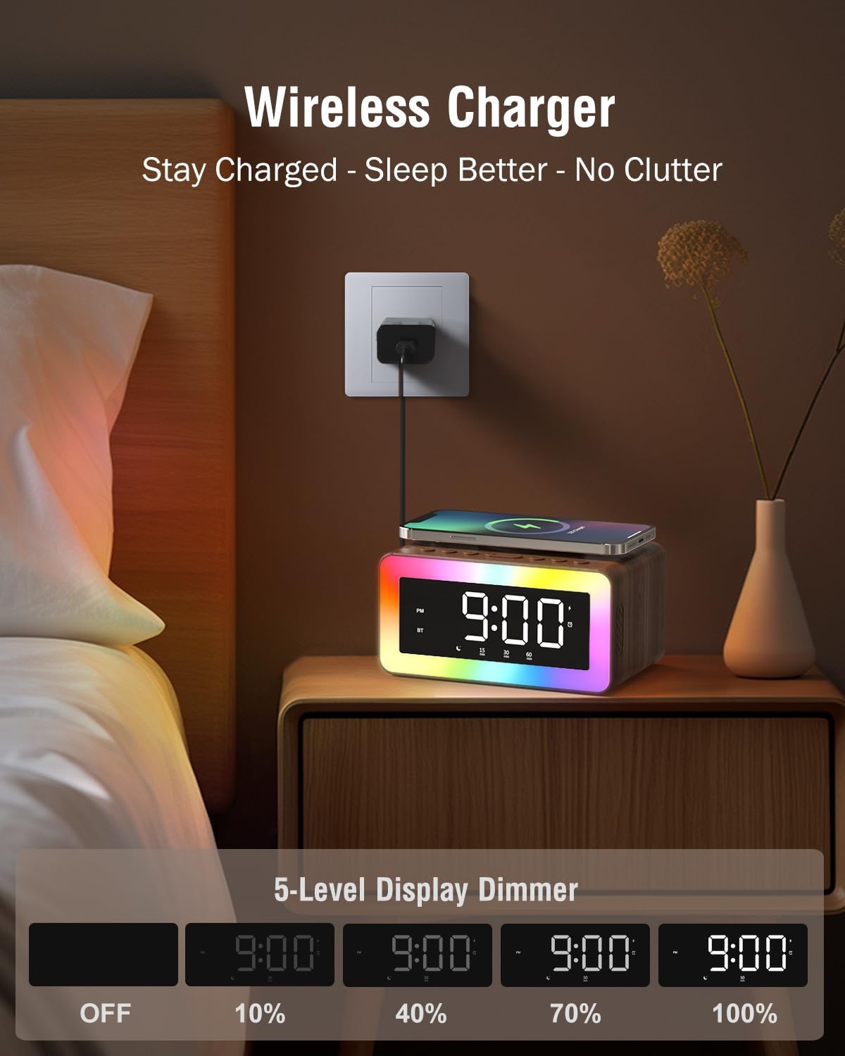Alarm Clock with Wireless Charging, White/Brown Noise Sound Machine, Bluetooth Speaker Night Light, Wooden Digital Alarm Clocks for Bedrooms,Wireless Charger for iPhone, Birthday Gifts for Men Women