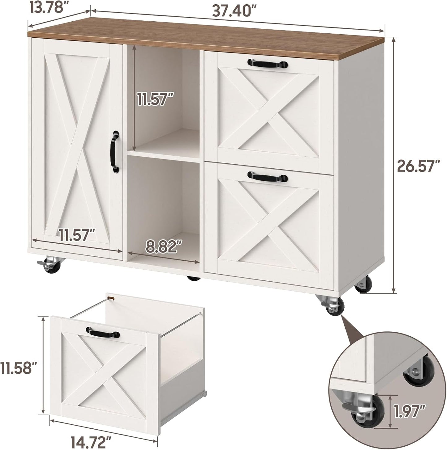 Lateral File Cabinet with 2 Drawers and Door, Mobile Farmhouse File Cabinet for Letter/A4 Size Hanging Files, Large Wood File Storage Cabinets Printer Stand for Home Office, White