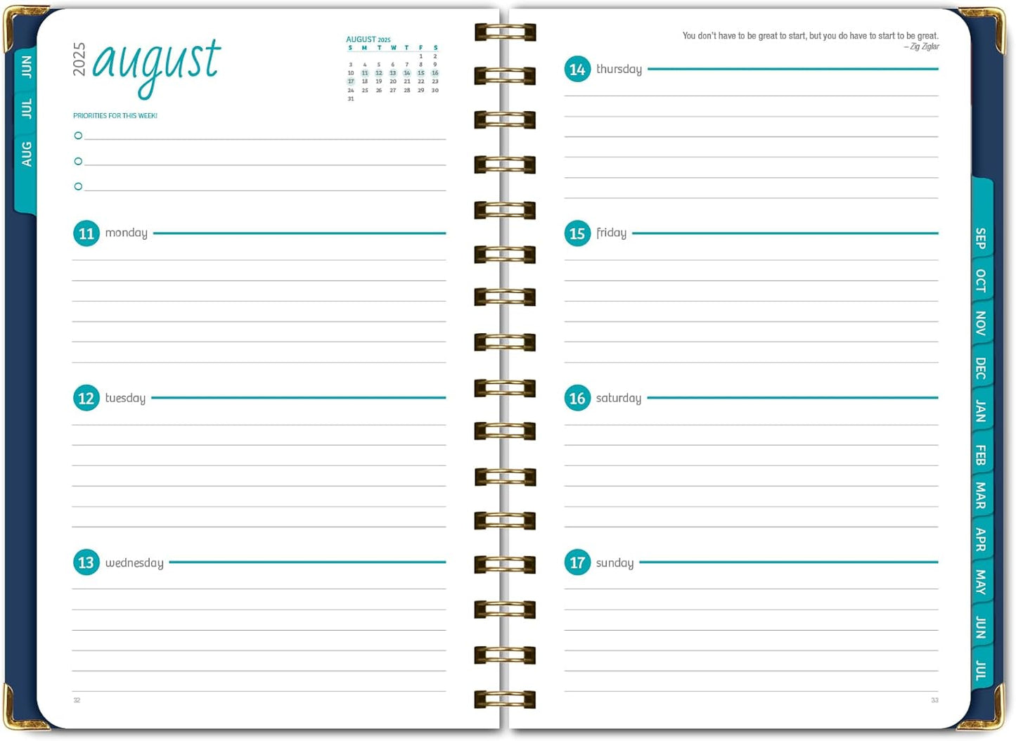 HARDCOVER Academic Year 2025-2026 Planner: (June 2025 Through July 2026) 5.5"x8" Daily Weekly Monthly Planner Yearly Agenda. Bookmark, Pocket Folder and Sticky Note Set (Navy Gold Numbers)