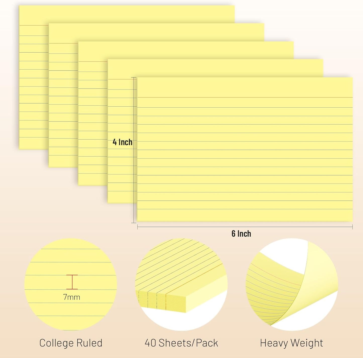 200 Pcs Index Cards 4 x 6 Inch Ruled Yellow Index Cards, College Ruled Flash Cards for School, College, Office and Home Organization, Durable Study To Do List Note Cards with Ruled Lines, 5 Pack of 40