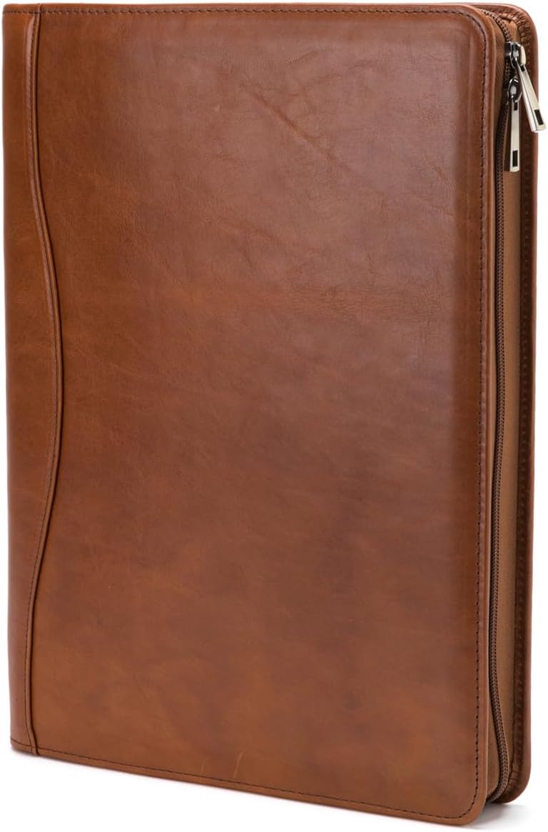 Genuine Leather Portfolio, Legal Size 8.5 x 14 Pad Holder, Business Padfolio for Men and Women, Zippered Laptop Organizer, Executive Professional Work Travel Notepad Folio, Brown, Oil Tanned