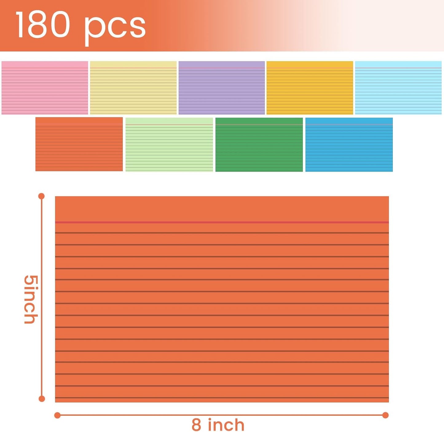 Koogel 180PCS Large Colored Index Cards, 5x8 Inch Lined Index Neon Colored Flash Cards with Both Sides Notecards for Back To School Studying School Classroom Note Taking Recipes Supplies