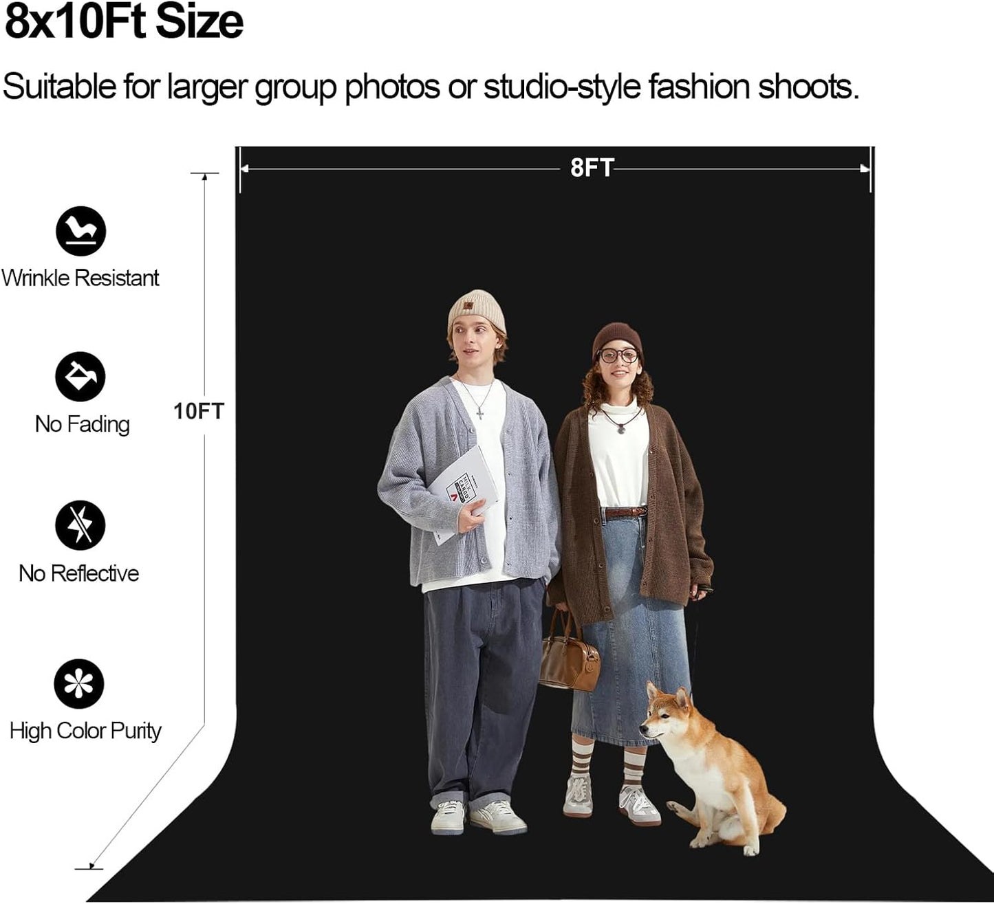 8x10 FT Black Backdrop for Photography, Large Black Screen for Portraits, Background Curtain for Booth Video Film Party, Chromakey High Density Polyester Fabric for Product Shoots