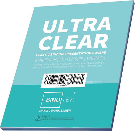 Binditek 100 Pack 5 Mil Clear Binding Covers, Ultra Clear, 8.5 x 11 Inches, Letter Size, Square Corners, Un-Punched, Office Supplies