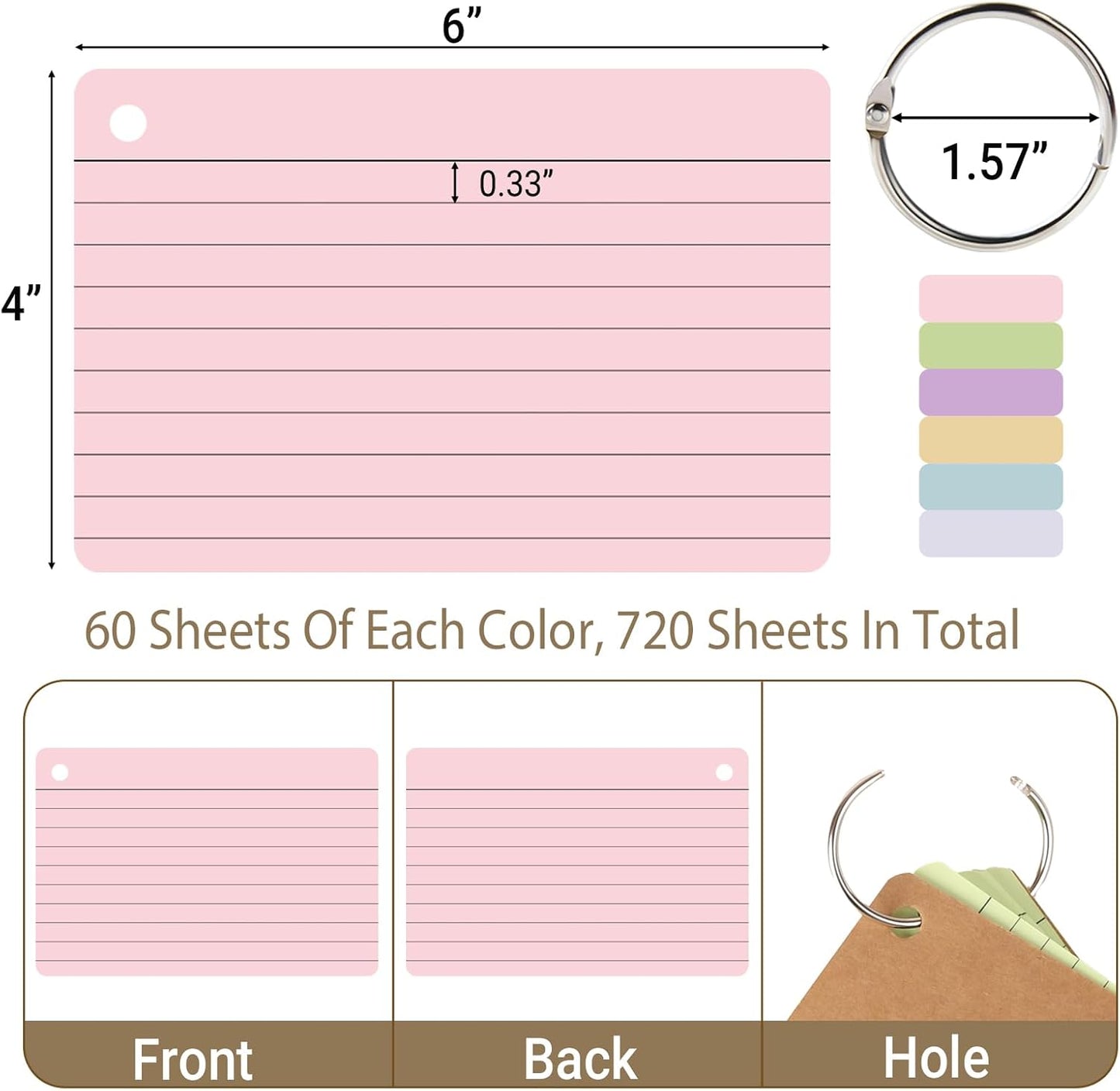 12 Pack Lined Index Cards 4 x 6 Inches, 720 PCS Colored Ruled Index Flashcards Lined Flash Cards with Rings, Note Cards Punched for Study, Office and Home