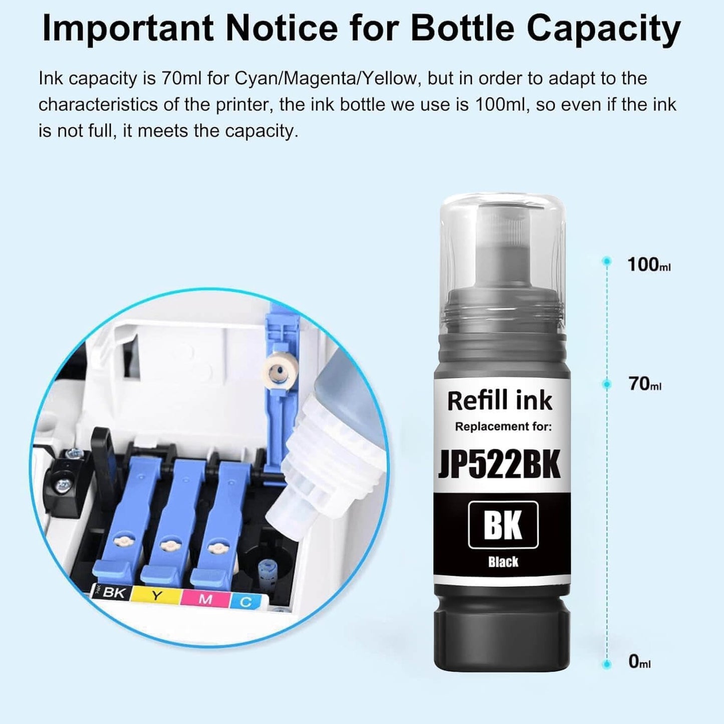 522 Black Ink Bottles Compatible 522 Ink Refill Bottles Black Use for ET-2800 ET-4800 ET-2400 ET-2803 ET-2720 ET-4810 ET-2840 ET-4700 Printer (3 Pack, 70ml)