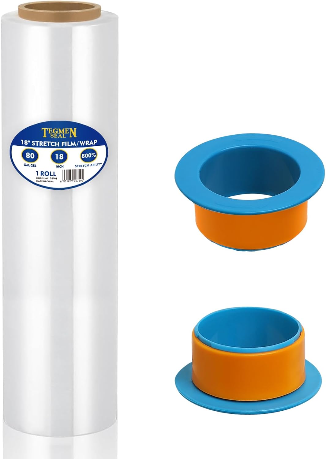 1-Pack 18" Stretch Wrap Rolls - 80 Gauge Industrial Strength Clear Film, 1200ft Length with Plastic Handle Option - Heavy Duty Self-Adhering for Moving, Shipping, Pallet Packing