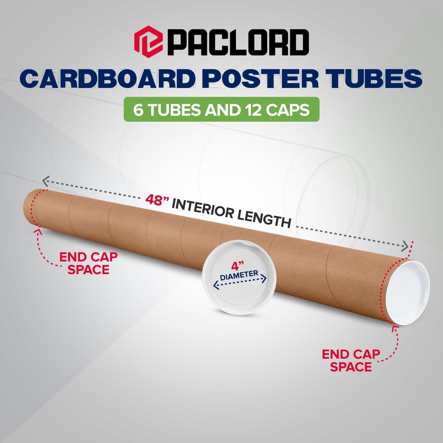 4" x 48" Reinforced Kraft Paper Mailing Tube, Pack of 6 Tube with 2 Caps Each – USPS Approved Poster Tube – Made in USA Cardboard Tube for Shipping and Storing Posters, Prints, Artwork, or Documents