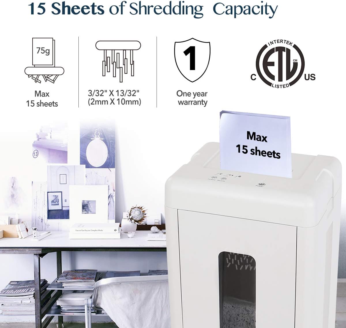 WOLVERINE 15-Sheet Super Micro Cut High Security Level P-5 Heavy Duty Paper/CD/Card Shredder for Home Office, Ultra Quiet by Manganese-Steel Cutter and 8 Gallons Pullout Waste Bin SD9520 (White ETL)