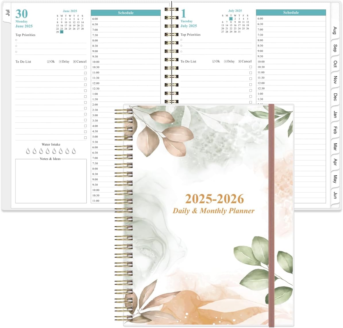 2025-2026 Daily & Monthly Planner - One Page Per Day, Daily Planner from July 2025 to June 2026, Planner 2025-2026 with 12 Monthly Tabs, 8.5" x 11", Rose Leaf