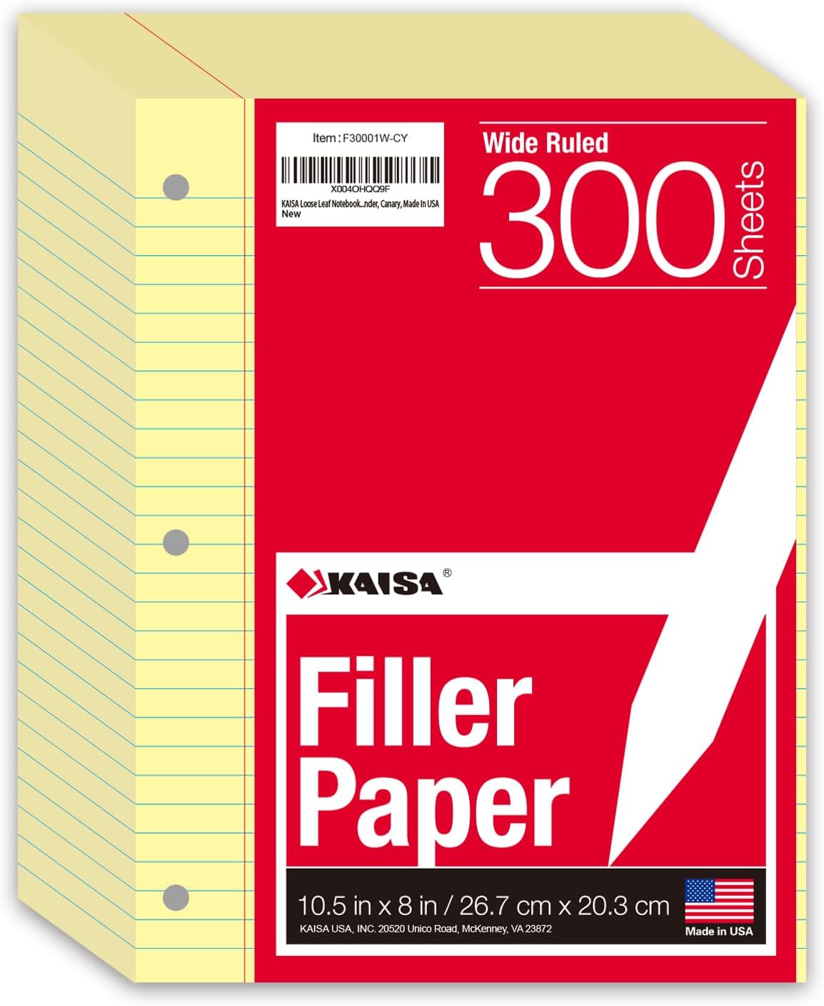 KAISA Loose Leaf Notebook Paper, Wide Ruled, 300 Sheets Per Lined Paper, 8" x 10.5", 3 Hole Punched for 3 Ring Binder, Canary, Made In USA