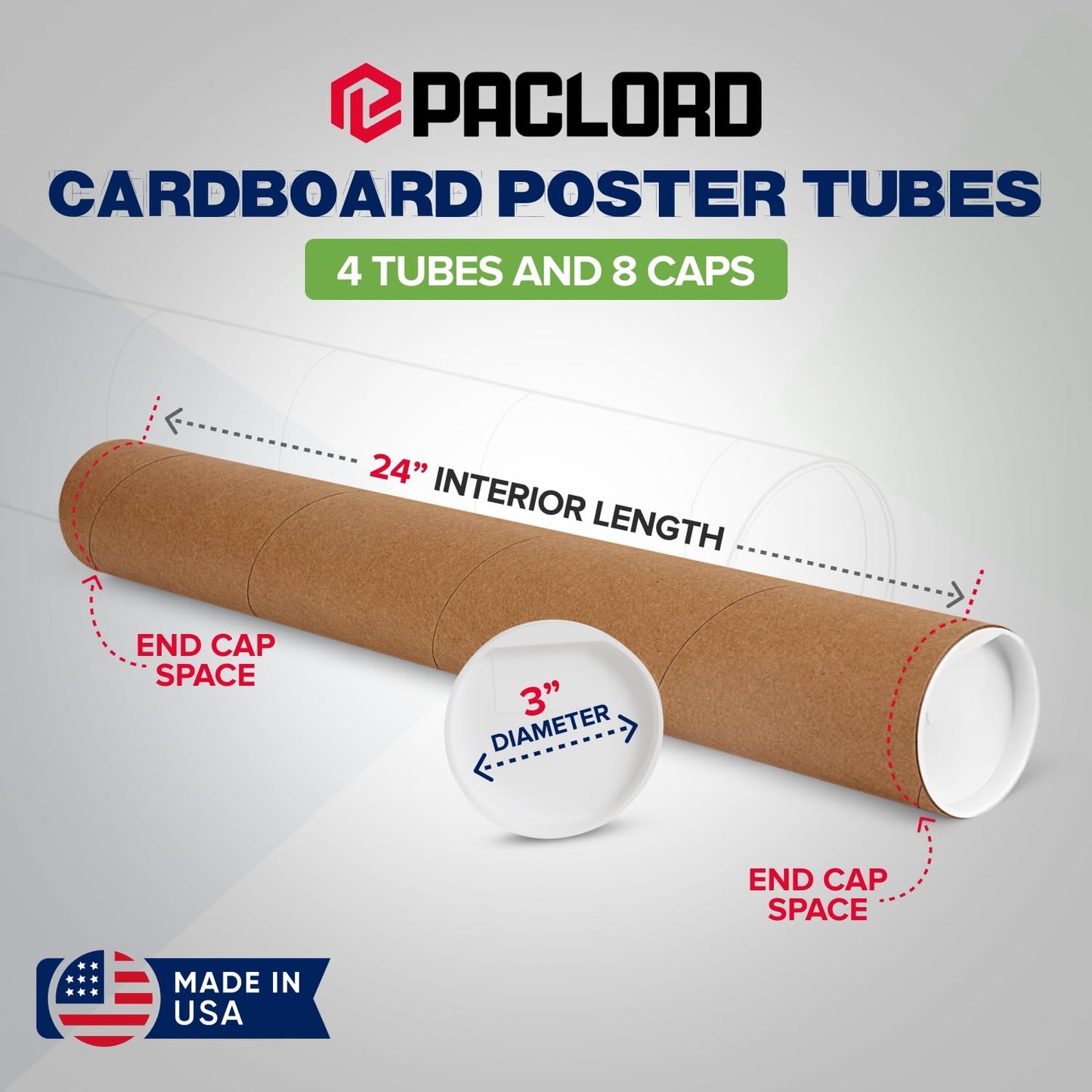 3" x 24" Reinforced Kraft Paper Mailing Tubes, Pack of 4 Tubes with 2 Caps Each – USPS Approved Poster Tube – Made in USA Cardboard Tube for Shipping and Storing Posters, Prints, Artwork, or Documents