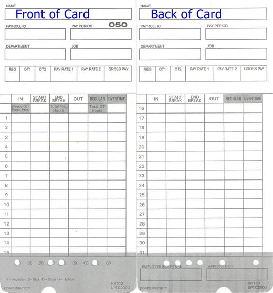100 Time Cards for uPunch HN2000, HN2500, HN4000, HN4500 AutoAlign Calculating Time Clock and More HNTC2 UPTC2000 COMPUMATIC Compatible