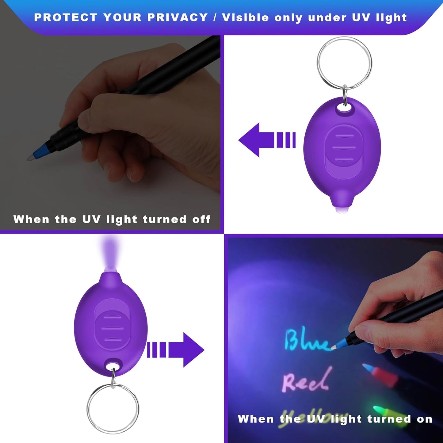 Invisible Ink Pen, Spy Pen with 3 PCS Mini UV LED Keychain Flashlight, Disappearing Ink Magic Pens with Black Light Markers for Secret Notes, Fit for Christmas Halloween Holiday Gifts (3 PCS)