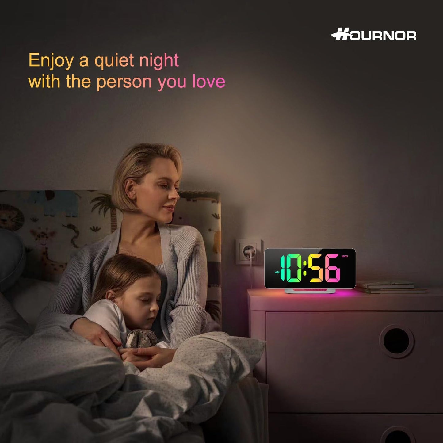 Hournor Digital Alarm Clock, LED Digital Clock for Bedrooms with 10 Color Changing Night Light, Adjustable Brightness, USB Charging Port, Bedside and Desk Clocks for Living Room Office (White)