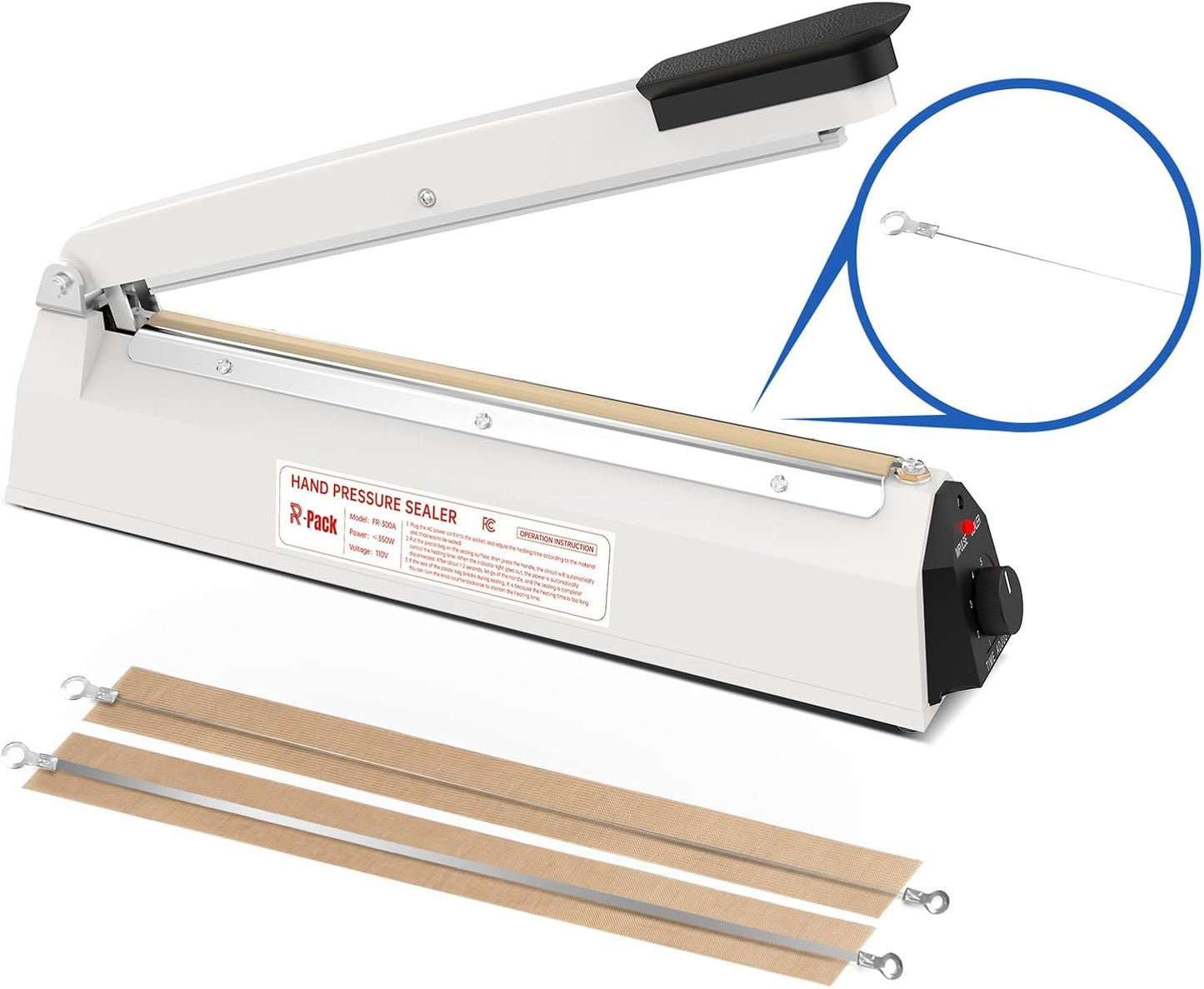 Impulse Heat Sealer with Cutter, Heavy-Duty Bag Sealing & Cutting Machine, 2 Extra Replacements (White, 12-Inch)