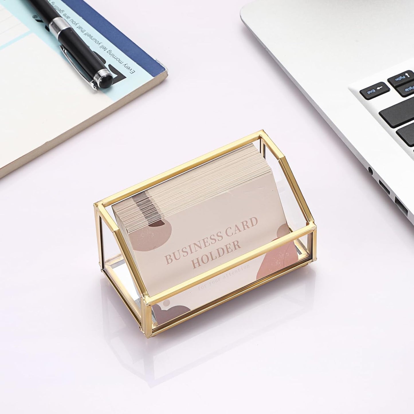 Hipiwe Business Card Holder Gold Name Card Display Stand with Mirror Bottom Metal Glass Desktop Organizer for Office Exhibition
