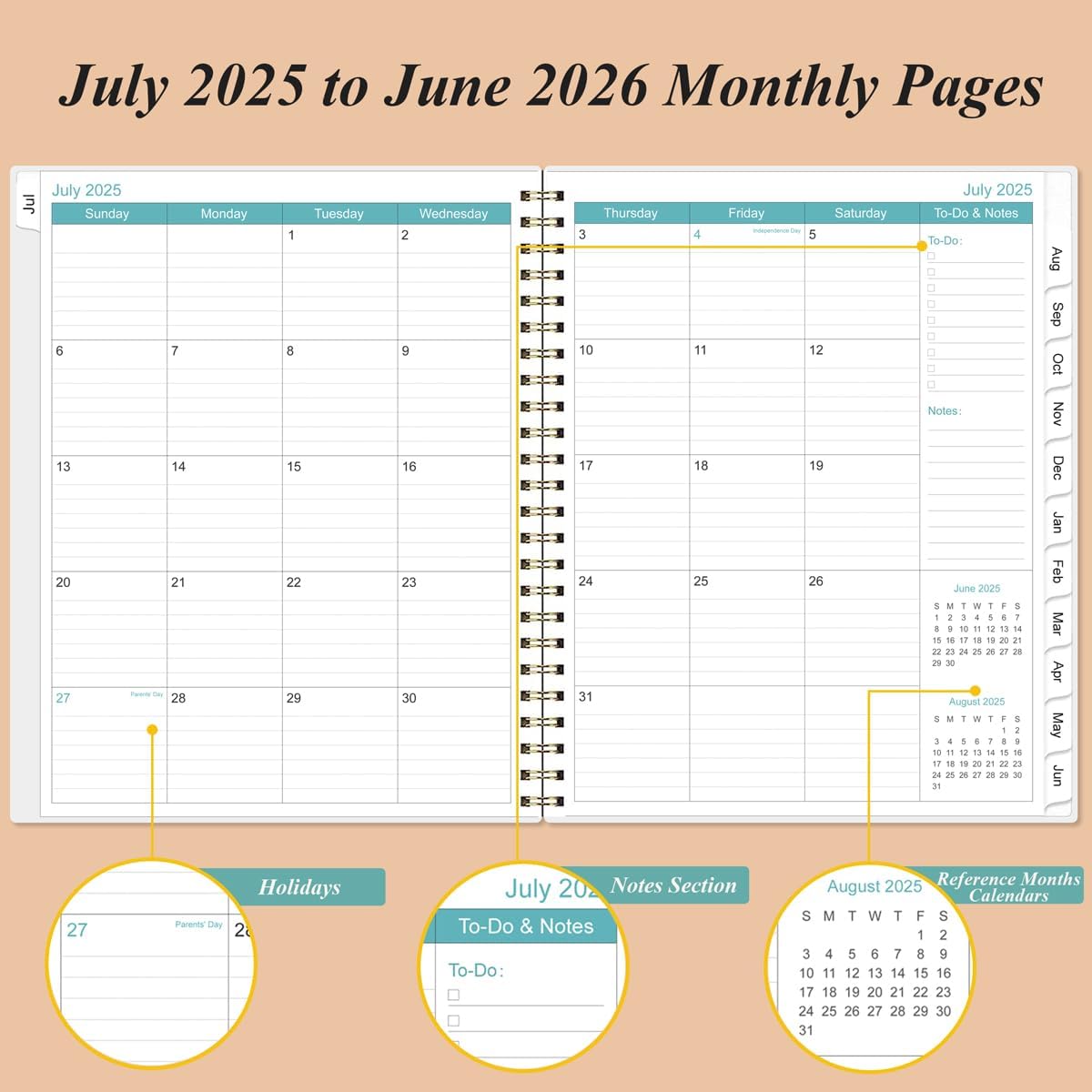 2025-2026 Daily & Monthly Planner - One Page Per Day, Daily Planner from July 2025 to June 2026, Planner 2025-2026 with 12 Monthly Tabs, 8.5" x 11", Rose Leaf