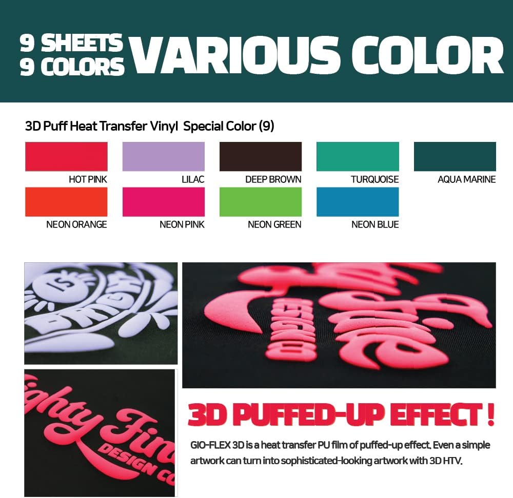 3D Puff Vinyl Heat Transfer 10"x12"-9 Sheets 9 Special Assorted Colors HTV Bundle Iron-On Design for T-Shirt Compatible with Cricut Silhouette Cameo Heat Press Machine Easy to Weed Cut