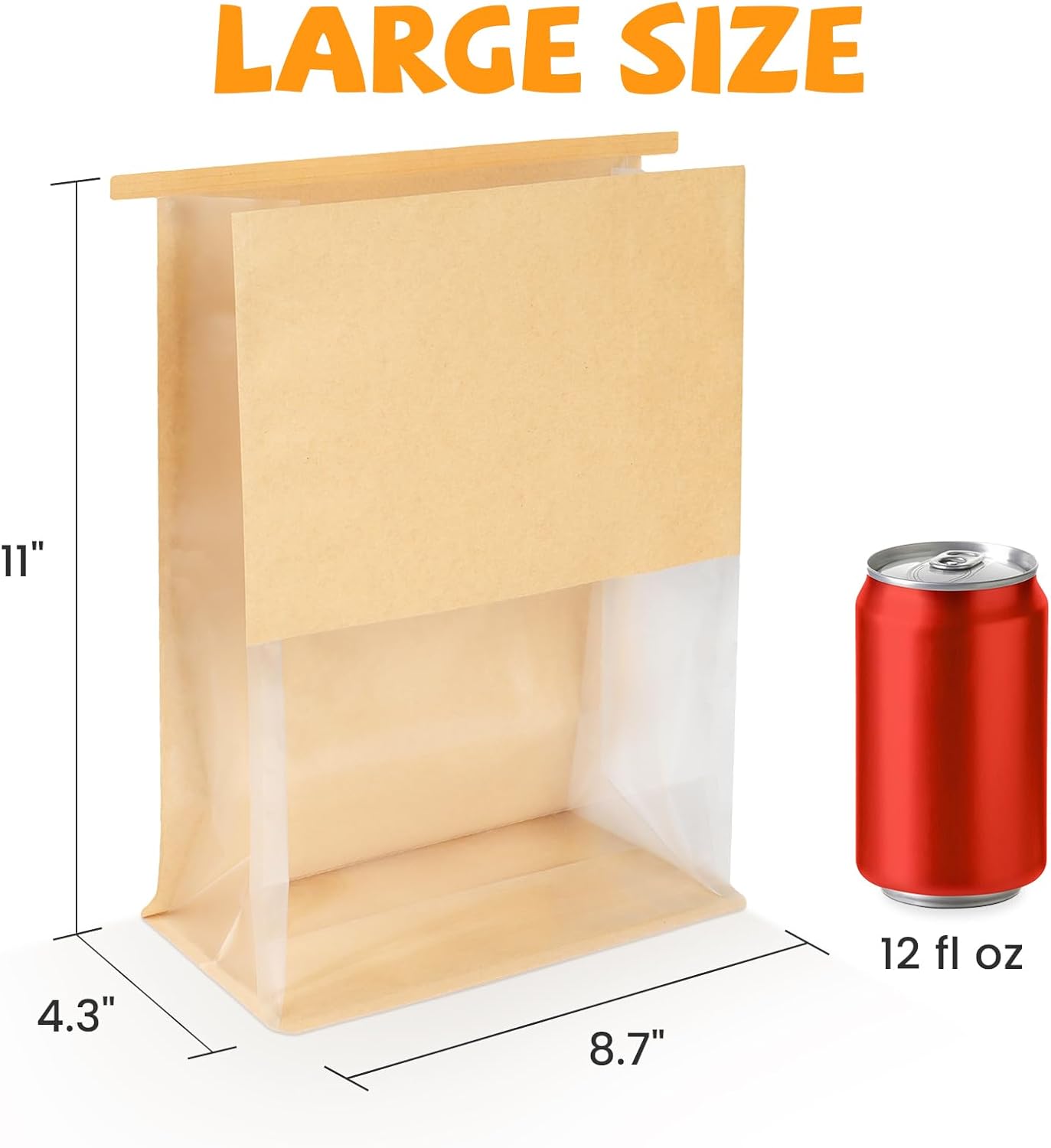 100 Pack Bread Bags for Homemade Sourdough Bread, 8.7x4.3x11 Inches Tin Tie Tab Lock Large Bakery Bag with Window Kraft Paper Loaf Packaging Bags for Gifting & Bake Sale