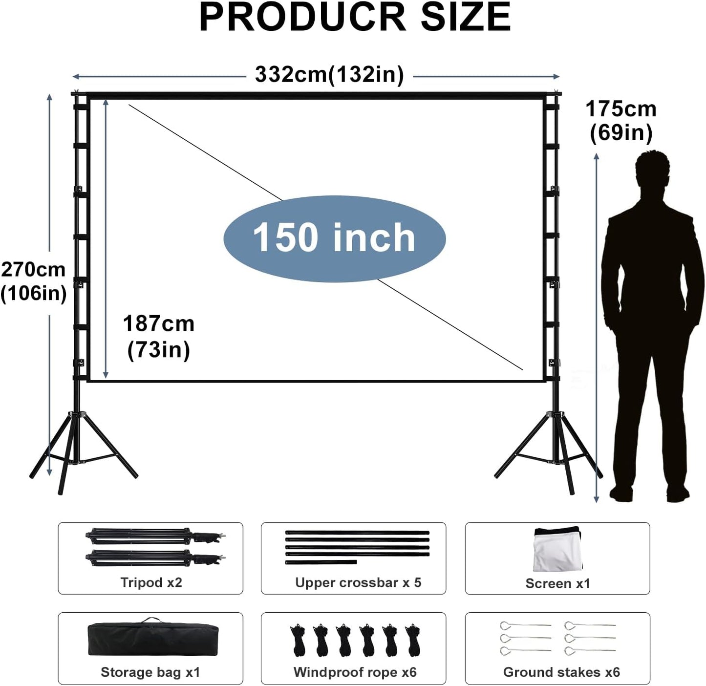 150'' Portable Projector Screen with Stand, 4K HD Outdoor Movie Screen, 10-Year Exchange