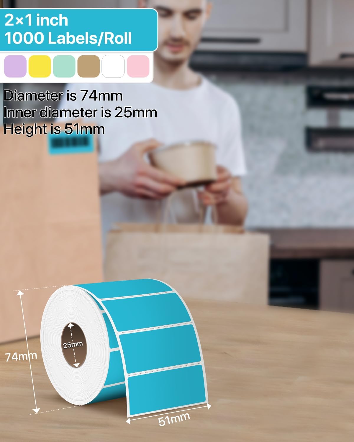 2×1 Inch Thermal Labels Sticker Self-Adhesive Label Paper Blue Direct Thermal Printer Stickers with Perforation Line 1000 Sheets/Roll