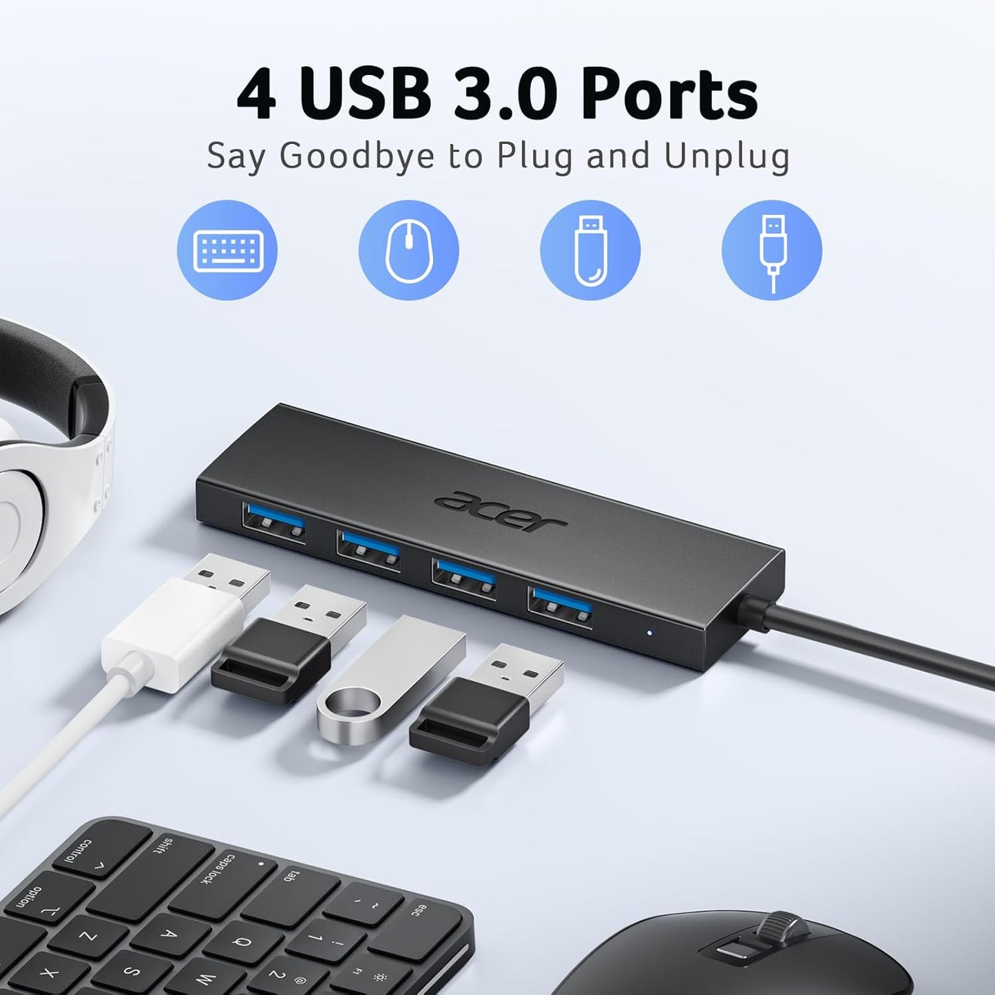 Acer USB Hub 4 Ports, Multiple USB 3.0 Hub, USBA Splitter for Laptop with Type C Power Port, Extender for A Port Laptop, PC, Desktop and More (4ft)
