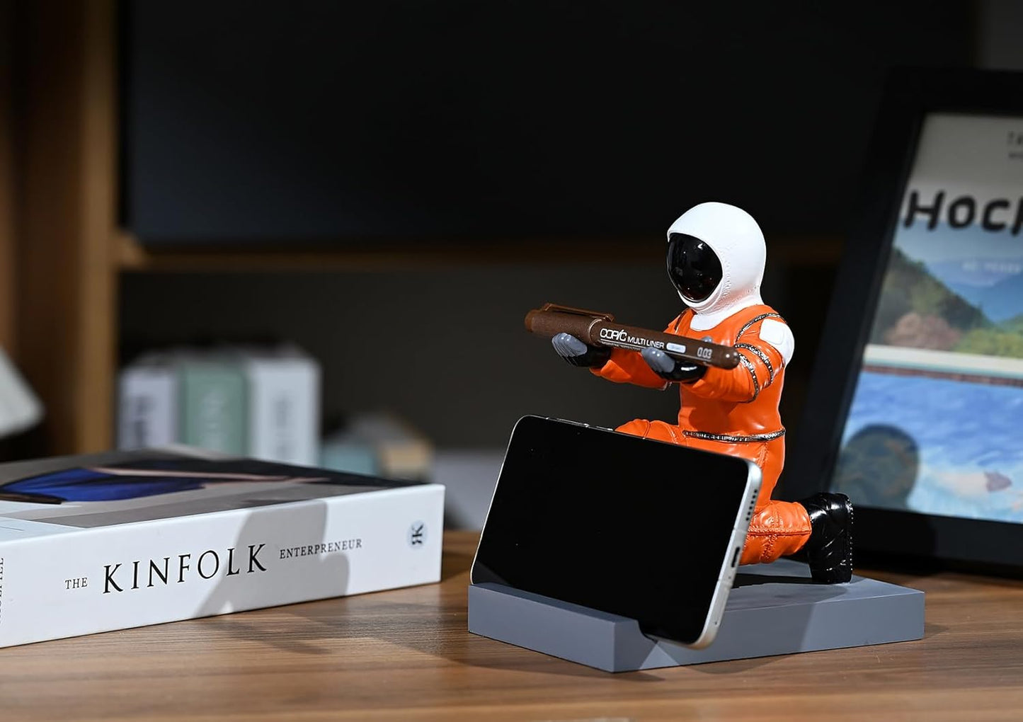 Astronaut Resin Pen Holder, Mobile Phone Stand, Device Stand, Desk Organizer Decorative Pen Holder (Orange&Black)