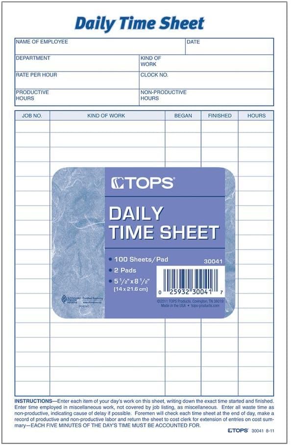 TOPS Daily Employee Time And Job Sheet, 6 x 9.5 Inches, 100 Sheets per Pad, 2 Pads/Pack (30041)