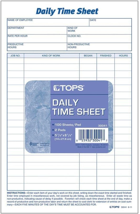 TOPS Daily Employee Time And Job Sheet, 6 x 9.5 Inches, 100 Sheets per Pad, 2 Pads/Pack (30041)