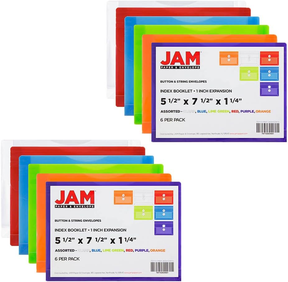 JAM PAPER Plastic Envelopes with Button & String Tie Closure - Index Size - 5 1/2 x 7 1/2 - Assorted Colors - 12/Pack