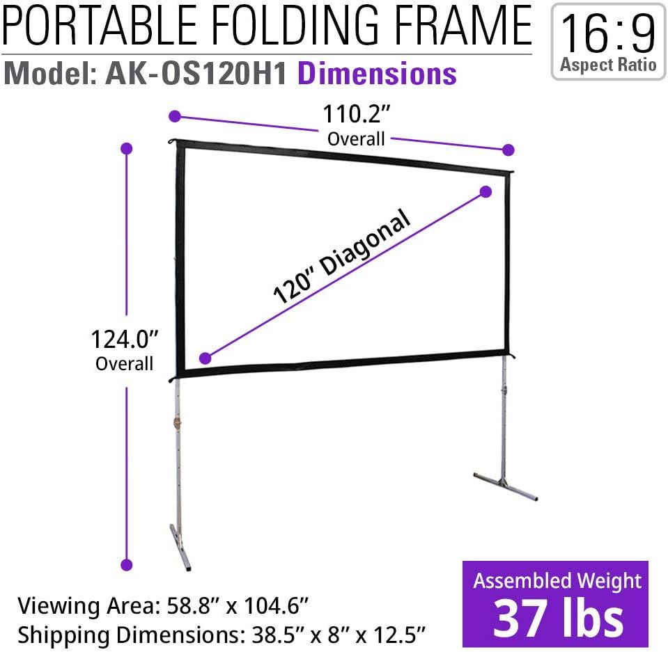 Akia Screens 120 inch Portable Outdoor Projector Screen with Stand and Bag 16:9 8K 4K Ultra HD 3D Adjustable Height Foldable Projection Screen Silver for Movie Video Home Theater AK-OS120H1