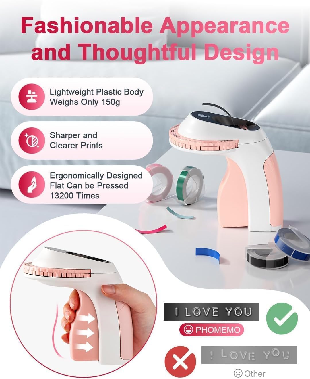 Phomemo Embossing Label Maker Machine, Retro Embossed Label Maker, Old School Embosser Labeler with 6 Rolls 3D Embossing Label Waterproof for Kid DIY Home School Supplies Office Organization, Pink