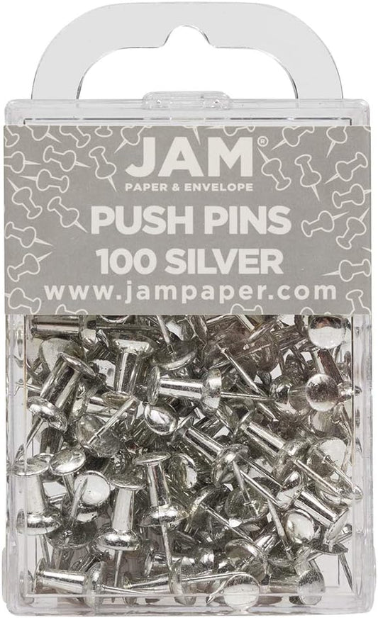 JAM PAPER Colorful Push Pins - Silver Pushpins - 100/Pack