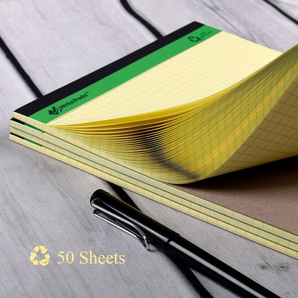 KAISA Graph Paper Legal Pads Writing Pads Recycled Paper 8.5"x11.75" Quad Ruled 4x4 Perforated 50 sheets/pad Grid Paper Yellow Notepads Writing Tablet For Office Supplies (Canary 6pad, 8.5x11.75'')