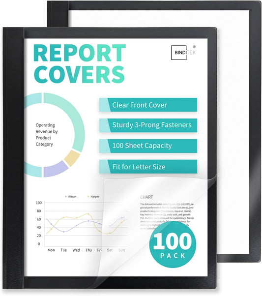 Binditek 100 Pack Clear Front Report Covers with 3 Prongs, 100-Sheet Capacity, Heavy-Duty Plastic Report Folder with Black Back Covers, 3 Metal Prongs Fasteners, for Letter Size, Office Supplies