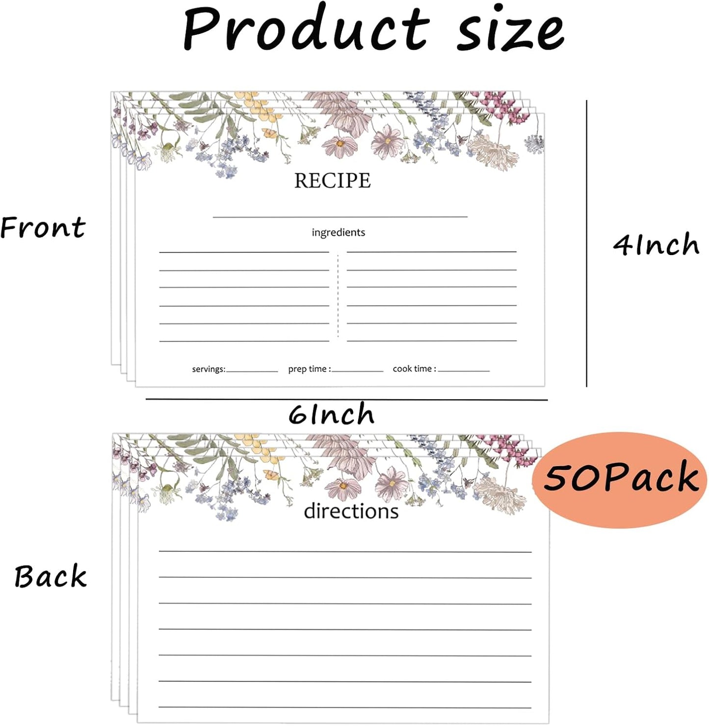 50 Pieces 4x6 Recipe Cards for Wildflower Bridal Shower Weeding Housewarming Kitchen Christmas Gifts White Lined Index Cards Blank Cardstock Paper Double Sided Menu Cards