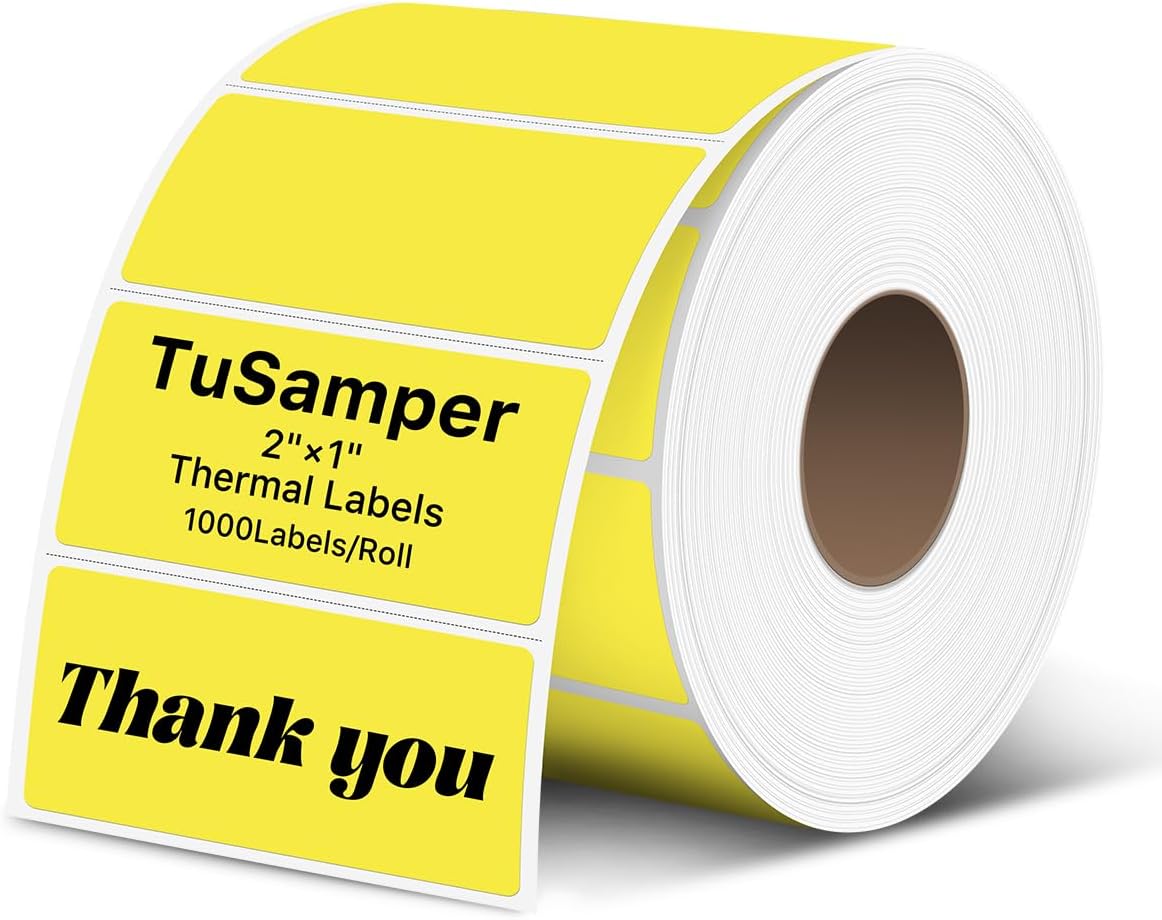 2×1 Inch Thermal Labels Sticker Self-Adhesive Label Paper Yellow Direct Thermal Printer Stickers with Perforation Line 1000 Sheets/Roll