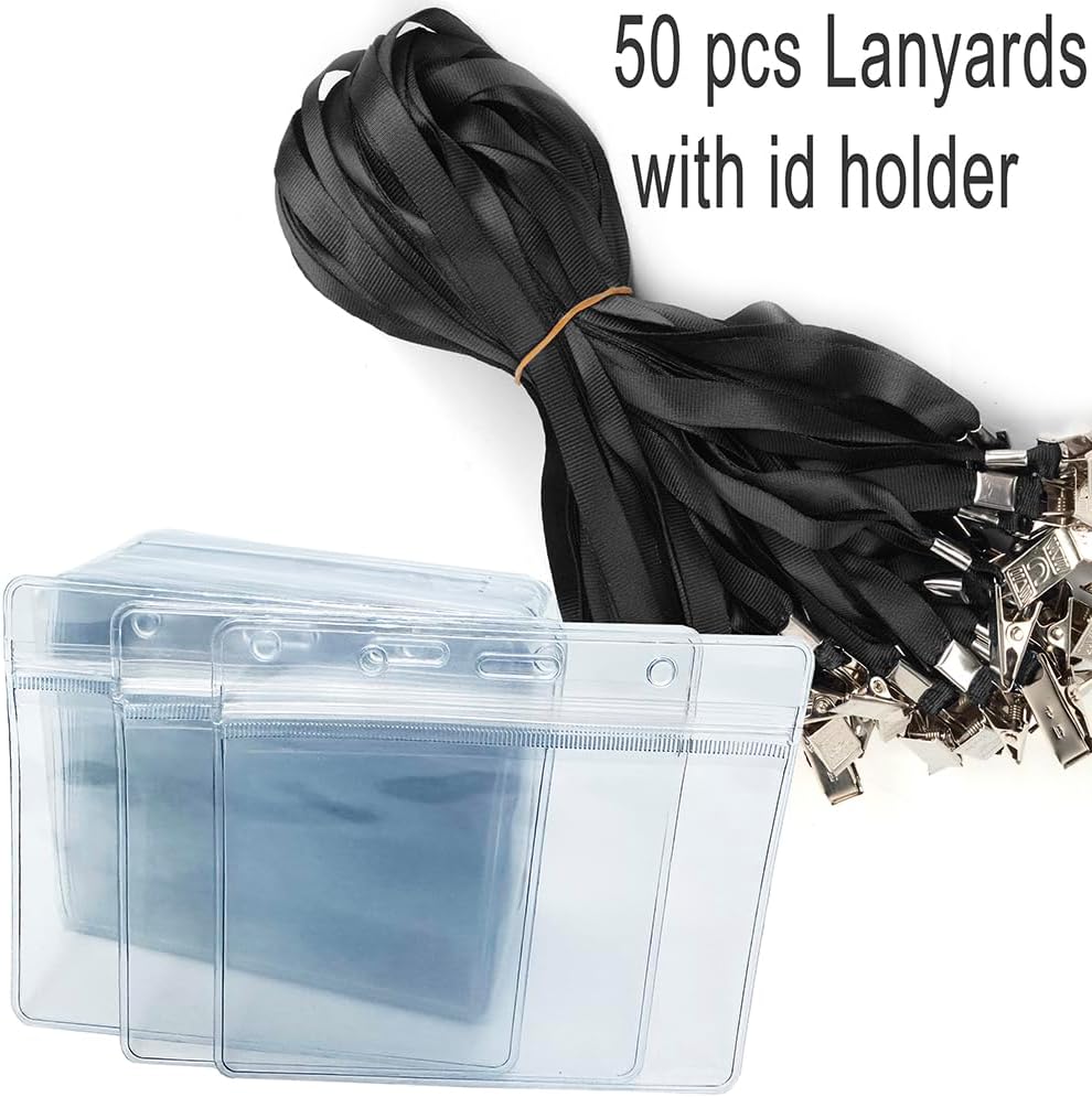 50pcs Clear Badge Holder with Lanyard Waterproof Type Clear ID Badge Holder with Lanyards for Name Tags ID Card (Black, Horizontal)
