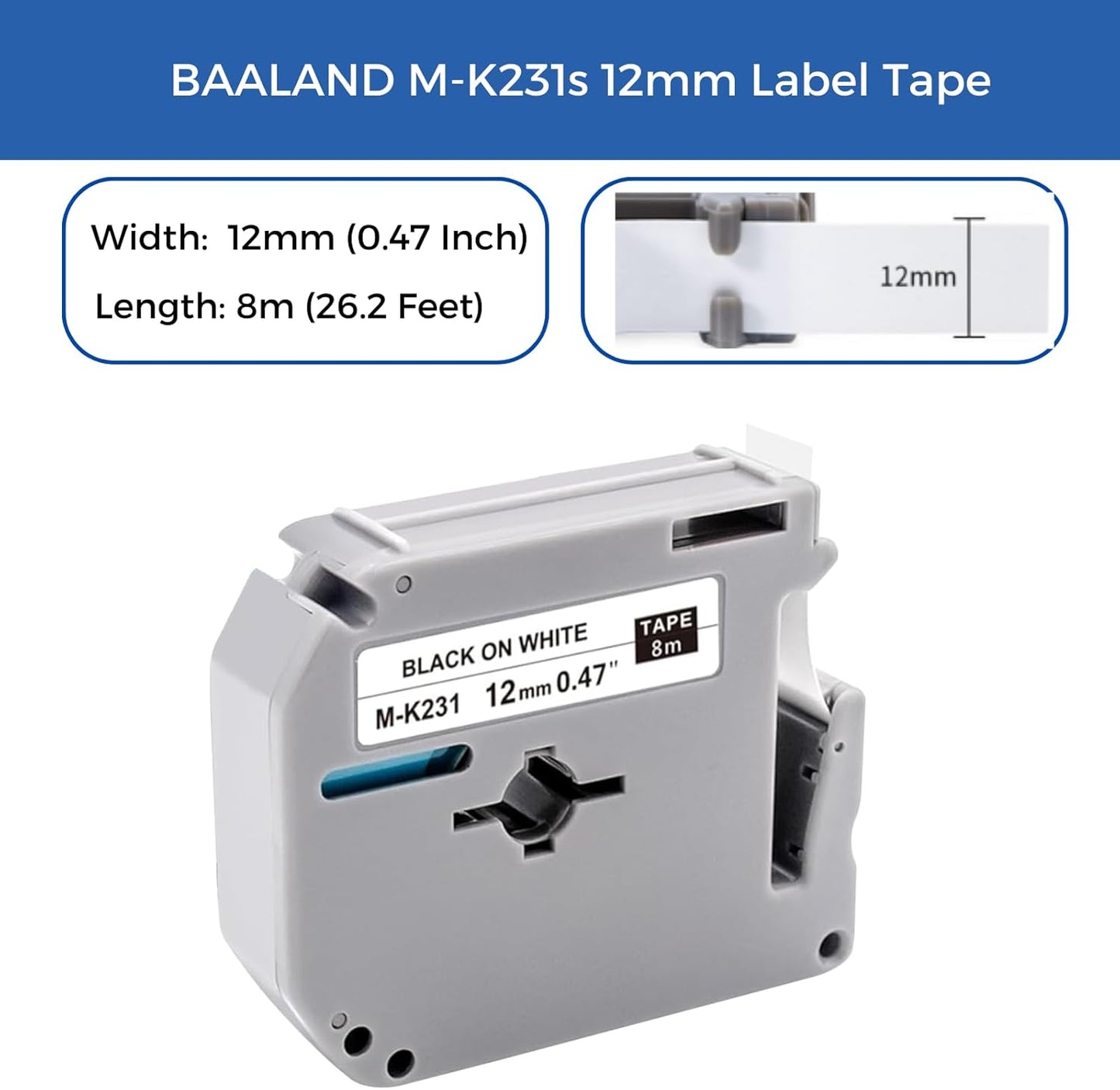 8-Pack MK231 M-K231 Label Tape Replace for Brother P Touch M Tape M-K231S M231 MK231 M-231 12mm 0.47 Inch for Brother PTouch PT-M95 PT-65 PT-80 PT-70 PT-45 PT-90 Label Makers
