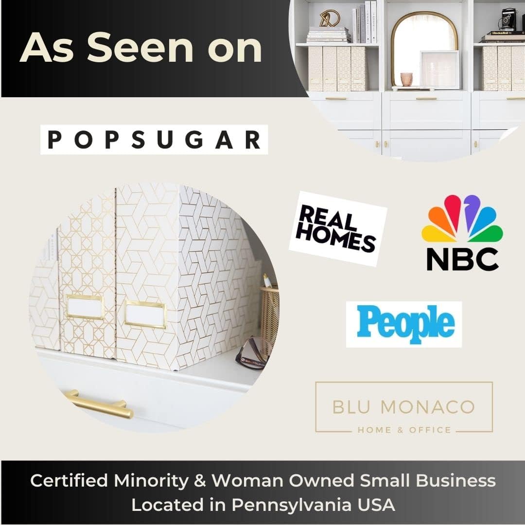 BLU MONACO Decorative Foldable Magazine Storage Boxes for Desk - Set of 4 Gold Magazine Holders with Cream Woven Design – Vintage Magazine File Organizer – Book Bins & Office Décor Storage Solution