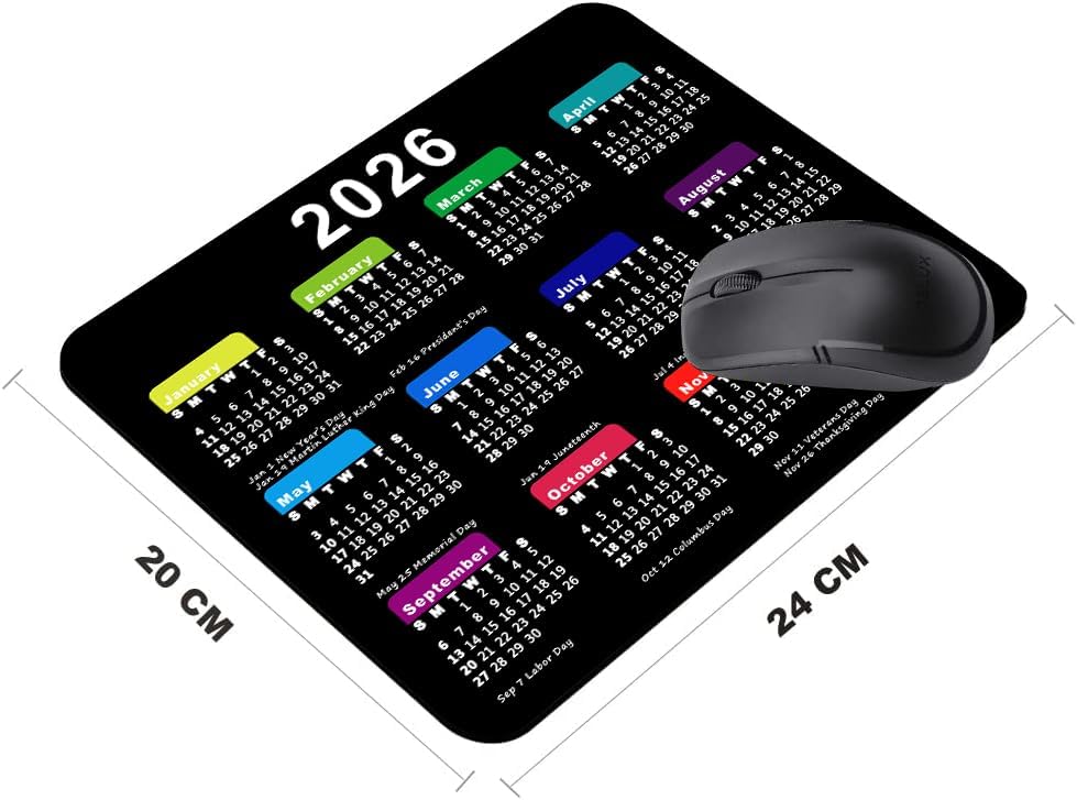 2026 Calendar Mouse Pad with Holidays, Computer Mousepad with Non-Slip Rubber Base, Mouse Pads for Computers Laptop Mouse 9.6 x 7.9 inch(Black)