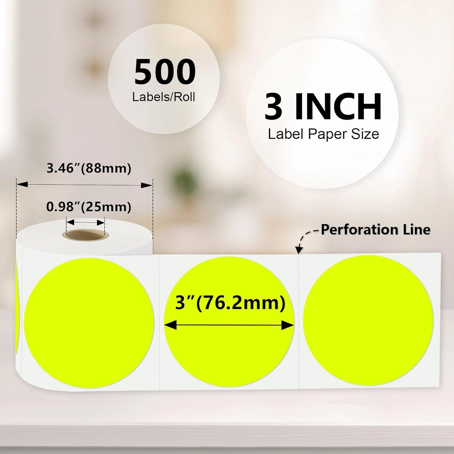 3 X 3 Inch Color Coding Dot Labels Circle Thermal Printable Waterproof 500 Pcs Round Stickers Adhesive Writable for Office, Home, Garage, DIY Sticker, Barcodes, Name Tag, Fluorescent Yellow