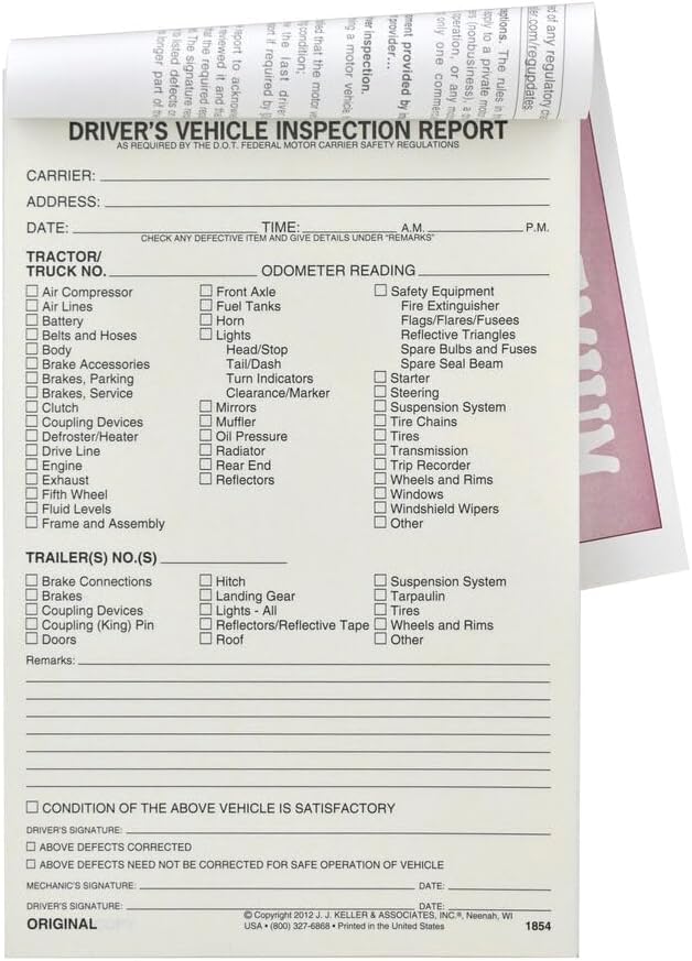 J. J. Keller & Associates, Inc. Detailed Driver's Vehicle Inspection Report - Book Format with 31 Sets, 2-Ply Carbonless, 5.5" x 8.5", Meets FMCSR Requirements