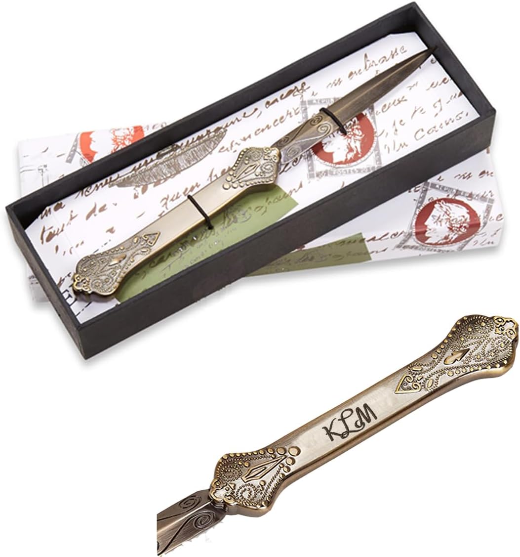 Personalized Decorative Monogram Letter Opener Paper Cutting Knife Premium Antiqued Metal for Envelopes with Vintage Detail 7” Long - Choice of Monogram Style