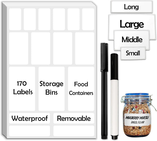 170Pcs White Removable Labels for Jars,for Storage Bins,for Food Containers with 2 Liquid Chalk Marker(White)